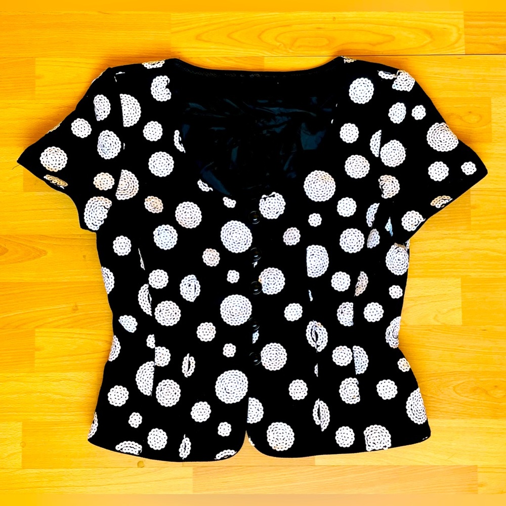 Sexy Classic Sequin Circle Dot Black button front coco chanel style 30s top